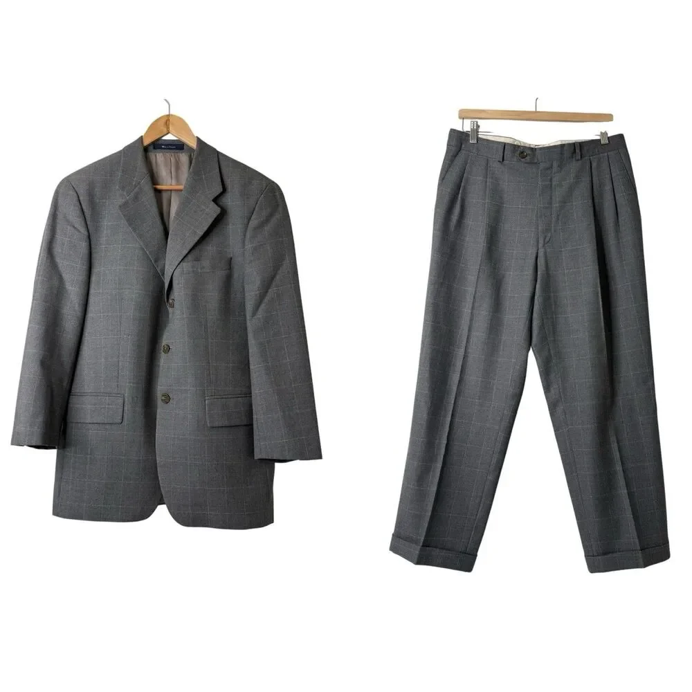 VTG 90s Ralph Lauren Wool 2Pc Suit 40R Gray 34 Waist Windowpane Plaid Canada